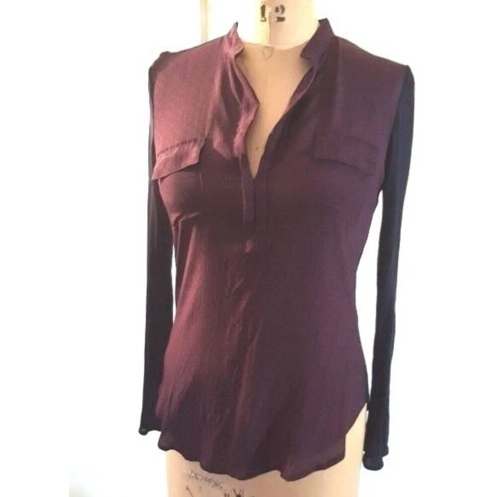 Aritzia BABATON silk blend navy & purple long sleeve V neck top blouse tunic